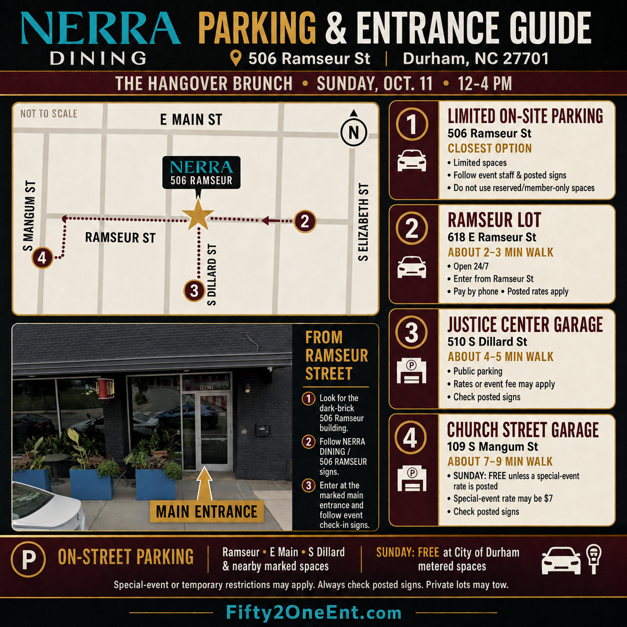 NERRA Dining parking and entrance guide for The Hangover Brunch in Durham