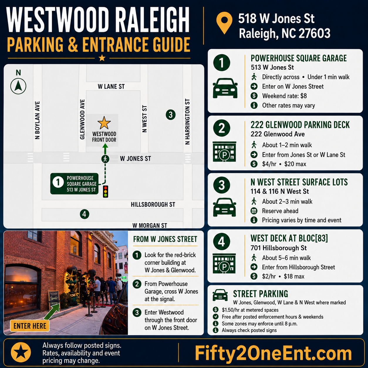 Westwood Raleigh parking and entrance guide with nearby garages, lots, and walking directions